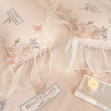 Rose Flowers Embroidery Lace Ruffles Bedding Set Lyocell Cotton Soft Silky Cooling Duvet Cover Flat/Fitted Bed Sheet Pillowcases