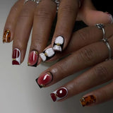 French Almond False Nails Retro Flowers Wearable Hand Drawn Press on Nails for Woman Datachable Full Cover False Nails Tips