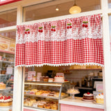 Korean Countryside Style Cute Cherry Lace Short Curtain,Red Two Tone Checkered Small Window Curtains for Kitchen-Home Drapes