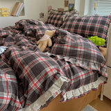 INS Girls Retro Red Grid Bedding Sets New Ruffles Lace Bed Sheet Sets Plaid Queen Size Duvet Cover Sets With Pillowcases