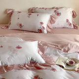4Pcs Lyocell Soft Silky Cooling Summer Bedding Set Rose Floral Prints Ruffles Duvet Cover Set Bed Sheet/Fitted Sheet Pillowcases