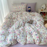 Korean Style Cute Bedding Set For Girls Bed Linen New Skin Friendly Fresh Flora Printed Washed Cotton Duvet Cover Set