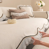 European Teddy Velvet Sofa Cushion with Lace Thick Anti Slip Couch Cover for All Seasons Irregular Hemline Furniture Protector