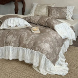 4Pcs Vintage French Floral Printing Lace Ruffles Bedding Set 100% Cotton Duvet Cover Flat/Fitted Sheet Pillowcases Home Textile