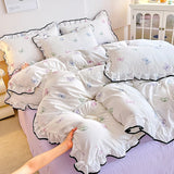 Heart Print Duvet Cover Set Princess Style Lace Ruffles Bedding Set Queen King Skin Friendly Soft Quilt Cover Sheet Pillowcases