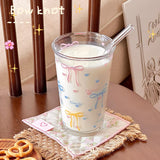 Kawaii Bowknot Glass Coffee Cups With Straw Aesthetic Cute Tumbler 380ml korean Cups For Ice Hot Juice Beer Milk Tea Glasses Cup