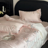 600TC Lyocell Bamboo Fiber Soft Silky Bedding Set Pink Flowers Embroidery Duvet Cover Flat/Fitted Bed Sheet Pillowcases 3/4Pcs