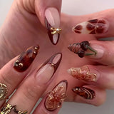 24pcs Mid-length Almond Press on Nails Sets Pearl Flower Gradient Design False Nails Tips Reusable Red Fake Nail Art Manicure