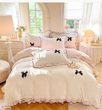 Korean Princess Style With Black Bow Lace Ruffles Pleat Milk Velvet Bedding Set Bedroom Decor Duvet Cover Bed Sheet Pillowcase