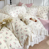 3/4Pcs Vintage French Floral Ruffles Knitted Cotton Double Yarn Soft Skin-friendly Bedding Set Duvet Cover Bed Sheet Pillowcases