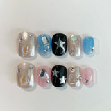 10Pcs Handmade Press on Nails Full Cover Cat Eye Star Rhinestone Sweet Cool French Ballet Jump Color Fake Nail Wearable Manicure