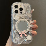 Shiny 3D Butterfly Flower Pearl Case For iPhone 14 13 12 11 15 16 Pro Max Luxury Bow Diamond Makeup Mirror Back Cover