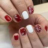 24pcs Shiny Powder Full Cover Nail Art French Red Short Square Fake Nails Christmas Snowflake False Nail Reusable Press on Nails
