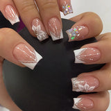 24Pcs Short Square Coffin White Border False Nails with Glue French Glitter Wearable Ballerina Design Nails Press on Nail Tips