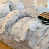 4Pcs Korean Princess Style Floral Ruffles 100% Cotton Bedding Set Queen King Size Duvet Cover Bed Sheet/Fitted Sheet Pillowcases