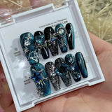 10Pcs Blue Lightweight Handmade Press on Nails Full Cover Cat Eye French Ballet Design False Nails Wearable Manicure Nail Tips