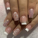 24pcs Sweet Cool False Nails Gradient French Fake Nail Tips with Purple Flowers Design Short Square Press on Nails Colorful Nail