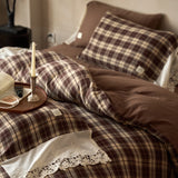 Korean Style Colorful Plaid Princess Bedding Set, 100% Cotton Yarn-Dyed Lace Duvet Cover Bed Sheet/Fitted Sheet Pillowcases 4Pcs