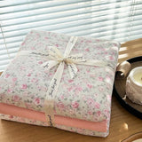 Ins floral print Bedding set knitted cotton Flat sheet set Four pieces duvet cover double layer-yarn 4Pcs lovely Fitted sheet