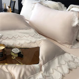 4Pcs Pink Princess Lace Edge Lyocell Eucalyptus Fiber Soft Silky Bedding Set Duvet Cover Set Bed Sheet/Fitted Sheet Pillowcases