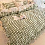 4/6Pcs Black&white Plaid 100% Cotton Bedding Set Romantic Lace Ruffles Washed Cotton Duvet Cover Bed Skirt Bedspread Pillowcases