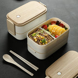 Portable Double Lunch Box, Wooden Lunch Box with Chopsticks and Spoon Food Storage Box Bento Box for Students and Workers