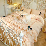 100% Cotton Korean Princess Style Three-layer Ruffles Bow Bedding Set Duvet Cover Bed Skirt Bedspread Pillowcases Wedding Gifts