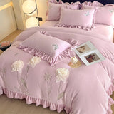 Flowers Embroidery Ruffles Thickened Soft Warm Velvet Bedding Set Queen King Size Plush Duvet Cover Set Bed Sheet Pillowcases