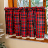Window Valance Green Red Plaid Christmas Style Short Curtain Partition Curtain Linen with Lace Kitchen Coffee Shade Valances
