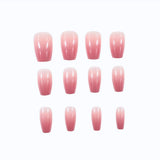 A full set of 24 medium coffin-shaped fake nails with a peachy gradient design, including 1 jelly glue and 1 nail file, perfect