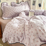 Korean Style Floral Ruffles Knitted Double Yarn Bedding Set Double King Queen Size Duvet Cover Flat/Fitted Bed Sheet Pillowcases