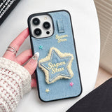 Embroidery Stars Jean Cloth Denim Case For iPhone 12 13 14 15 Pro Max 11 Phone Case with Star Pendant Keychain Soft Back Cover