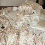 1000TC Egyptian Cotton Bedding Set Duvet Cover Flat/Fitted Bed Sheet Pillowcases, Floral Embroidery Ruffles Luxury Bed Linens