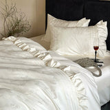 4Pcs Vintage Rose Jacquard Egyptian Cotton Ruffles Bedding Set Queen King Size Duvet Cover Bed Sheet/Fitted Sheet Pillowcases