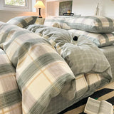 New Pure Cotton Bedding Set with Fitted Sheet Duvet Cover Pillowcase Simple Printed Grid Comfortable Bedclothes Single Double