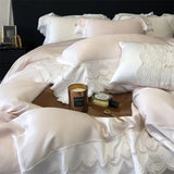 4Pcs Pink Princess Lace Edge Lyocell Eucalyptus Fiber Soft Silky Bedding Set Duvet Cover Set Bed Sheet/Fitted Sheet Pillowcases
