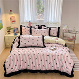 Black Lace Ruffles Korean Bow Decor Bedding Set Duvet Cover Pillowcase Washed Cotton Four-Piece Sets Soft Quilt Cover Bed Sheet