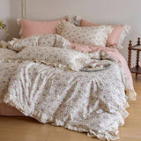 Double Layer Lace Ruffles 100% Cotton Princess Style Bedding Set Single Queen King Size Floral Duvet Cover Bed Sheet Pillowcases