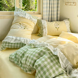 Korean Princess Style Double Layer Lace Flower Embroidery 100% Cotton Bedding Set Plaid Style Duvet Covers Bed Sheet Pillowcases