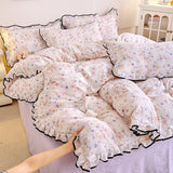 Heart Print Duvet Cover Set Princess Style Lace Ruffles Bedding Set Queen King Skin Friendly Soft Quilt Cover Sheet Pillowcases