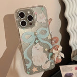 Elegant pearl blue bow bracelet capa for iphone 13pro 15pro 11 13 12 13promax 14 15 pro max 14pro cute cat shiny star phone case