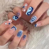 24Pcs Blue Flame Love Wearing False Nails Press On Nail Tips Full Cover Manicure Detachable Special Artificial Fake Nails Art