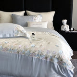 4Pcs Blue Pink Luxury Butterfly Flowers Embroidery Bedding Set Egyptian Cotton Duvet Cover Bed Sheet/Fitted Sheet Pillowcases