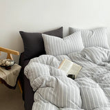 Nordic Simple Stripe Printed Bedding Sets Soft Washed Cotton Skin Friendly Duvet Cover Kit Cozy Bedclothes for Summer and Autumn