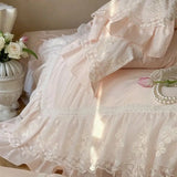 1200TC Egyptian Cotton Lace Ruffles Princess Wedding Style Pink Bedding Set Duvet Cover Flat/Fitted Bed Sheet Pillowcases 4Pcs