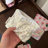 Pink Floral Print Mini Cotton Pouch for Women, Small Coin Purse & Card Holder for Lipstick & Earphone, Summer New Portable
