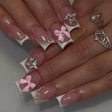24Pcs White Fake Nails Press on Nails French Pink Bow Design Gentle Flower Acrylic False Nail with Jelly Glue Wearable Manicure