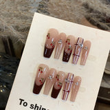10Pcs Handmade Press on Nails Long Coffin Love Rhinestone Bow Design Fake Nails French Ballerina Wearable Full Cover Nail Tips
