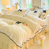 Korean Princess Style With Black Bow Lace Ruffles Pleat Milk Velvet Bedding Set Bedroom Decor Duvet Cover Bed Sheet Pillowcase