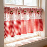 Korean Countryside Style Cute Cherry Lace Short Curtain,Red Two Tone Checkered Small Window Curtains for Kitchen-Home Drapes